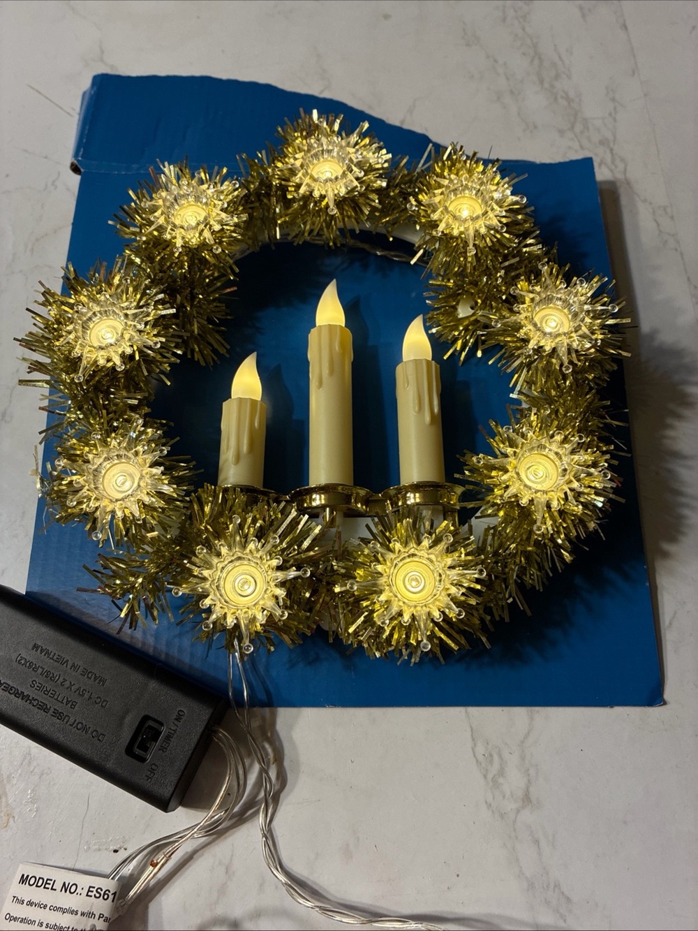 Vintage Christmas Gold Tinsel Candle Ring light up tree topper